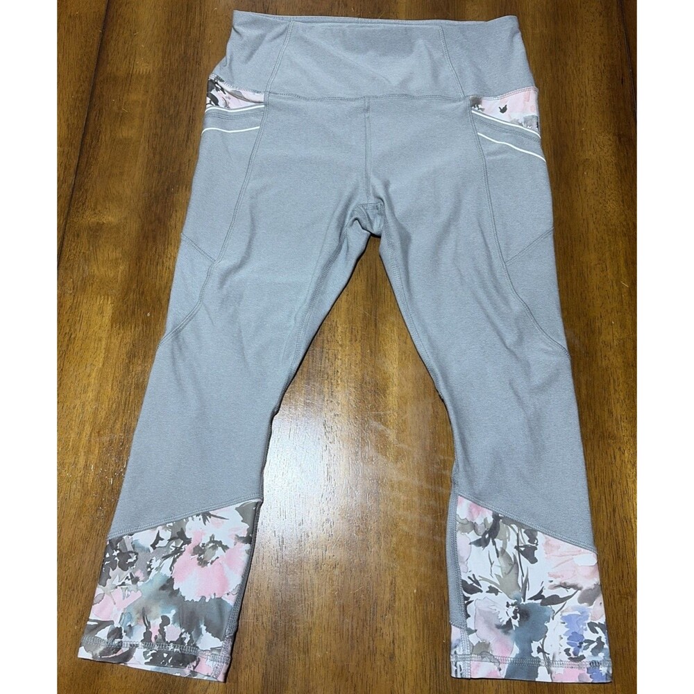 RBX Gray Athletic Leggings with Floral Accents, Large